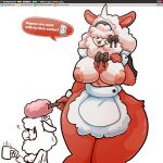  anthro areola big_breasts breasts canid canine canis clothing digital_media_(artwork) duo english_text female fingers fur generation_1_pokemon growlithe hair hair_over_eyes hi_res hisuian_form hisuian_growlithe kiss_the_carrot maid_uniform mammal natasha_(carrot_kiss) nintendo nipples open_mouth pokemon pokemon_(species) pokemon_legends_arceus regional_form_(pokemon) shaded simple_background smile text thick_thighs tongue uniform 