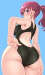  1girl adjusting_clothes adjusting_swimsuit arm_at_side ass back bare_arms black_one-piece_swimsuit blue_background blue_eyes blush breasts commentary_request competition_swimsuit dd_(ijigendd) hair_between_eyes highres looking_at_viewer looking_back medium_breasts one-piece_swimsuit original ponytail red_hair signature simple_background solo standing swimsuit thighs 