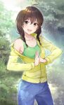  1girl :d ahoge akimoto_kaede black_hair blue_pants braid collarbone cthulhu_shinwa_rpg_suishou_no_yobigoe e_(eokiba) green_eyes green_tank_top highres jacket open_clothes open_jacket open_mouth palm-fist_greeting pants single_bare_shoulder smile solo tank_top teeth twin_braids upper_teeth_only yellow_jacket 