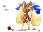  1girl animal_ears animal_nose ball body_fur brown_fur closed_eyes commentary_request english_text flat_chest full_body furry furry_female holding holding_ball invisible_chair knees_together_feet_apart lopunny natsutyu open_mouth pointy_ears pokemon pokemon_(creature) rabbit_ears rabbit_girl rabbit_tail sitting solo string tail two-tone_fur u_u white_background yarn yarn_ball yellow_fur 