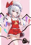  1girl absurdres ascot azur_lane bow breasts chinese_commentary collarbone collared_shirt commentary_request cosplay cowboy_shot crystal flandre_(azur_lane) flandre_scarlet flandre_scarlet_(cosplay) frilled_shirt_collar frilled_sleeves frills hair_between_eyes hair_bow hair_ornament hand_up hat hat_ribbon head_tilt highres laevatein_(touhou) long_hair looking_at_viewer low_twintails mob_cap name_connection niballl parted_lips pleated_skirt puffy_short_sleeves puffy_sleeves purple_eyes red_skirt red_vest ribbon shirt short_sleeves sidelocks skirt skirt_set small_breasts smile solo standing starry_background tail touhou twintails vest white_hair white_headwear white_shirt wings yellow_ascot 