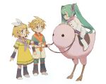  1boy baggy_socks blonde_hair blue_eyes blush bsgkstnals03 coat creature detached_sleeves facing_another full_body green_eyes green_hair hair_between_eyes hair_ornament hatsune_miku highres holding holding_reins kagamine_len kagamine_rin long_hair looking_at_another multiple_hairpins open_mouth reaching_towards_another reins riding saddle short_hair standing tunic twintails very_long_hair vocaloid white_background winter_clothes winter_coat 