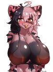  anthro big_breasts blush breasts dark_body dark_fur felid feline female fur hi_res huge_breasts looking_at_viewer mammal multicolored_body multicolored_fur pink_body pink_fur solo striped_body stripes taigazkr 