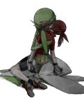  1boy 1girl bandana bike_shorts black_socks bob_cut brown_hair colored_skin commentary covered_eyes facing_away fanny_pack from_behind gardevoir gloves green_hair green_skin hair_over_eyes hug legs_together matsuriya_(pixiv_79070753) may_(pokemon) medium_hair multicolored_skin otoko_no_ko pokemon pokemon_(creature) pokemon_(game) pokemon_rse red_bandana red_footwear red_headwear red_shirt shirt shoes short_hair short_sleeves simple_background sitting socks two-tone_skin unconscious white_background white_gloves white_skin 