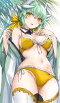  1girl bare_shoulders bikini blush breasts dragon_girl dragon_horns fate/grand_order fate_(series) green_hair hair_ornament highres horns kiyohime_(fate) large_breasts long_hair long_sleeves looking_at_viewer morizono_shiki parted_lips side-tie_bikini_bottom smile solo swimsuit thighhighs thighs white_thighhighs wide_sleeves yellow_bikini yellow_eyes 