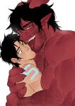  2boys absurdres arm_hair arm_tattoo bara beard black_hair chest_hair demon dominique_(the_devil_and_s-13) ear_piercing facial_hair highres hug licking licking_another&#039;s_face licking_another&#039;s_lips looking_at_another looking_at_viewer male_focus multiple_boys muscular muscular_male mustache one_eye_closed piercing pointy_ears short_hair sideburns simple_background size_difference steen_(the_devil_and_s-13) suyohara tattoo the_devil_and_s-13 topless_male upper_body white_background yaoi yellow_eyes 