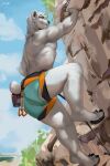  anthro bear butt claws climbing clothed clothing fur green_eyes hi_res juiceps male mammal partially_clothed polar_bear solo toe_claws ursine white_body white_fur 