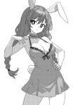  1girl animal_ears bad_anatomy bad_arm breasts cleavage closed_mouth collarbone covered_navel cowboy_shot greyscale hair_between_eyes hand_on_own_hip long_hair medium_breasts monochrome onkn_sxkn rabbit_ears rabbit_tail seiran_(touhou) simple_background solo tail touhou white_background 
