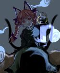  1girl :3 :d animal_ears black_dress braid cat_ears cat_girl dress extra_ears grey_background highres hitodama kaenbyou_rin lantern long_hair looking_at_viewer nekomata open_mouth red_eyes red_hair side_braid side_braids simple_background sitting slit_pupils smile solo third-party_source touhou twin_braids 