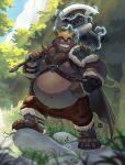  2023 anthro axe barbarian bear belly big_belly brown_body brown_fur clothed clothing detailed_background fur hi_res humanoid_hands magic male mammal moobs outside overweight overweight_male plant seiryuuden solo tree 