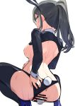  1girl absurdres animal_ears ass bar_censor bare_back black_hair black_leotard black_panties blush breasts censored crying crying_with_eyes_open egg egg_laying fake_animal_ears fake_tail from_behind goe_(g-o-e) grey_eyes hand_on_own_ass high_heels high_ponytail highres leotard long_sleeves looking_at_viewer medium_breasts medium_hair moriyasu_kuina panties playboy_bunny pussy rabbit_ears rabbit_tail shoujo_kageki_revue_starlight shoujo_kageki_revue_starlight_-re_live- squatting sweat tail tears underwear white_background 