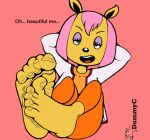  5_toes anthro barefoot canid canine dearhotglues feet female fox hair hi_res humanoid_feet looking_at_viewer mammal open_mouth parappa_the_rapper paula_fox pink_hair plantigrade solo sony_corporation sony_interactive_entertainment toes 