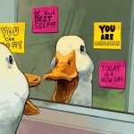  1:1 absurd_res ambiguous_gender anatid anseriform avian beak bird black_eyes catwheezie duck english_text feral hi_res inside looking_at_self mirror open_mouth post-it_note solo text white_body 