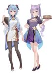  2girls alternate_costume bell blue_hair breasts chinese_clothes cone_hair_bun double_bun dress flower ganyu_(genshin_impact) genshin_impact hair_bun high_heels highres holding holding_plate horns keqing_(genshin_impact) long_hair looking_at_viewer medium_breasts multiple_girls pantyhose plate purple_dress purple_eyes purple_hair twintails white_background yu_ri_0320 