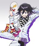  1boy black_hair buttons checkered_clothes checkered_scarf commentary_request crossover danganronpa_(series) danganronpa_v3:_killing_harmony double-breasted gradient_background grey_background grey_jacket grey_pants grin hair_between_eyes haji_(hajimaji) hand_up highres holding holding_mask jacket joka_(klonoa) kaze_no_klonoa long_sleeves looking_at_another looking_down male_focus mask mask_removed medium_hair multicolored_hair oma_kokichi pants pink_eyes pink_footwear purple_hair scarf sharp_teeth shoes smile teeth two-tone_hair 
