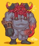  anthro balls bovid caprine genitals grey_body hi_res horn male mammal muscular muscular_male nipple_piercing nipple_ring nipples ornn_(lol) penis piercing ring_piercing solo zi_ran 