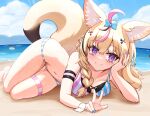  1girl ahoge animal_ears bare_shoulders beach black_hair blonde_hair blush breasts cleavage closed_mouth day fox_ears fox_girl fox_tail hair_ornament highres hololive long_hair looking_at_viewer lying multicolored_hair navel omaru_polka on_side outdoors pink_hair purple_eyes solo streaked_hair tail telomere thighs virtual_youtuber 