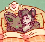  &lt;3 absurd_res anthro bat bed blush blush_lines canid canine cuddling duo eyes_closed fox fur furniture hi_res hybrid irv kyloo male male/male mammal marsupial possum romantic romantic_couple sleeping sleeping_together smile thought_bubble 