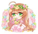  1girl ahoge blue_flower blush bouquet braid brown_hair chibi chogi closed_mouth commentary dress eyes_visible_through_hair floral_background flower flower_wreath frilled_sleeves frills green_eyes hair_between_eyes head_wreath holding holding_bouquet jewelry kanbe_kotori leaf long_dress long_hair looking_at_viewer necklace pearl_necklace pink_dress pink_flower pink_rose rewrite rose short_sleeves sidelocks simple_background smile solo symbol-only_commentary twin_braids very_long_hair wavy_hair wedding_dress white_background yellow_flower yellow_rose 