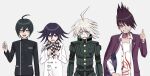  4boys absurdres ahoge arironpawa black_hair black_jacket breast_pocket buttons collarbone danganronpa_(series) danganronpa_v3:_killing_harmony double-breasted facial_hair goatee grey_eyes grey_hair grin hair_between_eyes highres jacket k1-b0 long_sleeves looking_at_viewer male_focus momota_kaito multiple_boys oma_kokichi one_eye_closed open_clothes open_jacket open_mouth open_shirt pocket power_armor print_shirt purple_eyes purple_hair sad saihara_shuichi shirt short_hair simple_background smile space_print spiked_hair starry_sky_print striped striped_jacket tears teeth thumbs_up upper_body upper_teeth_only white_background white_shirt 