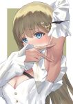  1girl arm_behind_head arm_up armpit_focus armpits blonde_hair blue_eyes blush breasts brown_hair cleavage commentary_request dress hair_ornament hairclip hanabusa_lisa long_hair long_sleeves looking_at_viewer medium_breasts nose_blush pechino presenting_armpit sleeves_past_wrists solo spread_armpit very_long_hair virtual_youtuber vspo! white_dress white_sleeves 