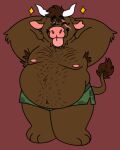  2023 anthro armpit_hair belly belly_hair big_belly biped body_hair bovid bovine brown_hair cattle chest_hair chibi clothed clothing digital_media_(artwork) eyebrows hair hi_res jesse_(sheng) male mammal moobs navel nipples one_eye_closed overweight overweight_anthro overweight_male red_background simple_background smile solo sstinkies tail tail_tuft tongue tongue_out tuft underwear underwear_only wink 