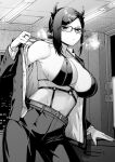  1girl armpit_crease belt breasts commentary_request glasses greyscale hair_bun hair_ornament hairpin highres ice_reizou indoors large_breasts monochrome open_clothes opened_by_self original sideboob sweat undressing 
