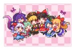  +++ 6+girls ascot black_dress black_hair black_headwear blue_dress blue_hair blue_skirt blush_stickers bow brown_eyes chinese_clothes closed_eyes curled_horns dress earrings fang fruit_hat_ornament green_hair grey_hair hair_bow hair_tubes hakurei_reimu hat_ornament hinanawi_tenshi horn_ornament horn_ribbon horns ibuki_suika japanese_clothes jewelry junko_(touhou) kariyushi_shirt komano_aunn kumamoto_(bbtonhk2) long_hair long_sleeves lowres multiple_girls nontraditional_miko one_eye_closed oni_horns open_mouth orange_hair peach_hat_ornament phoenix_crown pixel_art pointy_ears purple_hair purple_horns purple_ribbon red_bow red_eyes red_horns red_shirt red_skirt red_sleeves ribbon sheep_horns shirt short_hair shorts sidelocks single_horn skirt smile tabard tail tenkajin_chiyari touhou toutetsu_yuuma white_shirt white_shorts yellow_ascot 