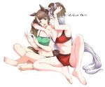  2girls animal_ears breasts brown_eyes brown_tail cleavage feet gold_ship_(umamusume) green_sports_bra grey_hair grey_tail grin hamao highres horse_ears horse_tail large_breasts looking_at_another multiple_girls open_mouth playing_with_another&#039;s_hair purple_eyes red_shorts red_sports_bra shorts simple_background sitting smile sports_bra tail tosen_jordan_(umamusume) translation_request twintails umamusume white_background 