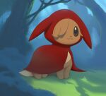  absurd_res all_fours ambiguous_gender cloak clothing eevee fairy_tales feral forest generation_1_pokemon grass hi_res inkune little_red_riding_hood_(copyright) looking_at_viewer nintendo one_eye_obstructed paws plant pokemon pokemon_(species) smile solo standing tree 
