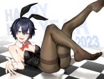  1girl 2023 absurdres animal_ears bandaid bandaid_on_face bandaid_on_nose black_hair black_leotard blue_eyes bow bowtie breasts brown_pantyhose checkered_floor chinese_zodiac detached_collar fake_animal_ears fake_tail feet franz2543 hair_between_eyes happy_new_year highres legs leotard looking_at_viewer lying medium_breasts no_shoes on_back open_mouth original pantyhose playboy_bunny rabbit_ears rabbit_tail red_bow red_bowtie short_hair solo strapless strapless_leotard tail thighband_pantyhose toenails toes wrist_cuffs year_of_the_rabbit 