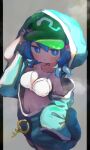 1girl absurdres blue_coat blue_eyes blue_hair blush breasts chii_(tsumami_tsumamare) cleavage closed_mouth coat collarbone commentary flat_cap green_headwear hair_between_eyes hair_bobbles hair_ornament hat highres hood hood_up hooded_coat kawashiro_nitori key medium_breasts short_hair sleeves_past_fingers sleeves_past_wrists solo symbol-only_commentary touhou two_side_up 