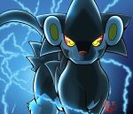  absurd_res black_body black_fur blue_body blue_fur electricity feral fur generation_4_pokemon hi_res lightning looking_at_viewer luxray male nintendo pokemon pokemon_(species) red_nose shaded shinxx_arts smile solo yellow_eyes 