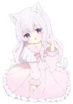  1girl :o animal_ear_fluff animal_ears barefoot blush cat_ears cat_girl cat_tail collarbone dress fang frilled_dress frills full_body head_tilt highres kneeling long_bangs long_hair looking_at_viewer neck_ribbon open_mouth original paw_pose pink_dress pink_hair pink_ribbon purple_eyes raised_eyebrows ribbon sailor_dress sidelocks simple_background skin_fang solo tail tyakomes variant_set white_background wispy_bangs 