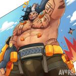  2boys abs avero_art bara black_hair bulge chest_tattoo dark-skinned_male dark_skin explosion feet_out_of_frame from_below full_beard hand_in_own_hair happy_aura highres huge_pectorals large_areolae large_bulge large_hands male_focus mature_male mauga_(overwatch) midair multiple_boys muscular muscular_male naughty_face nipples overwatch overwatch_2 perspective roadhog_(overwatch) solo_focus strongman_waist tattoo thick_eyebrows tongue tongue_out topless_male 