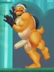  absurd_res anthro armor balls belly big_balls big_penis bodily_fluids foreskin genitals headgear helmet hi_res humanoid_genitalia koopa male mario_bros muscular muscular_anthro muscular_male nintendo penis pipe raised_leg scalie shell short_tail shy snaftfc solo super_mario_bros_wonder sweat sweatdrop tail yellow_body 