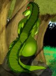  2017 alternate_color anthro athletic big_butt butt countershade_face countershading crocodile crocodilian crocodylid digital_media_(artwork) fangs female forest grass green_body green_scales green_skin hi_res justathereptile leaf light light_beam lips looking_at_viewer looking_back muscular nileeah_(justathereptile) nude outdoor_nudity outside plant pupils red_eyes reptile rock scales scalie scutes sitting slit_pupils smile solo sunbeam sunlight tail teeth tree watermark 