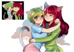  2girls animal_ears arms_up blue_shirt blush cat_ears cat_girl cat_tail closed_eyes closed_mouth colored_text dress elbaraa green_dress green_hair hands_on_another&#039;s_back hands_up koneko-chan long_hair long_sleeves multiple_girls nyan_neko_sugar_girls nyannyandesu open_mouth purple_eyes raku-chan red_hair reference_inset shirt short_hair short_sleeves signature smile tail 