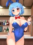  1girl animal_ears bar_(place) blue_eyes blue_hair blue_leotard blurry blurry_background blush bow bowtie breasts closed_mouth cowboy_shot daichi_(tokoya) detached_collar fake_animal_ears hair_between_eyes heterochromia highres indoors large_breasts leotard looking_at_viewer rabbit_ears red_bow red_bowtie red_eyes short_hair solo strapless strapless_leotard tatara_kogasa touhou wrist_cuffs 