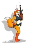  anthro bottomwear breasts bulletproof_vest butt canid canine canis claws clothed clothing doc_nickel female fox fur gun hair holding_object looking_at_viewer mammal orange_body orange_fur panties ranged_weapon red_fox red_hair rifle sandy_(the_whiteboard) simple_background solo tactical_gear tail text the_whiteboard topwear underwear url weapon webcomic webcomic_character 