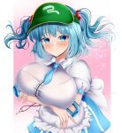  1girl absurdres arms_under_breasts blue_eyes blue_hair blush breasts closed_mouth crossed_arms green_headwear hair_bobbles hair_ornament hat highres huge_breasts kawashiro_nitori key looking_at_viewer mountain_of_faith musi_tino short_hair smile solo standing touhou two_side_up visor_cap 