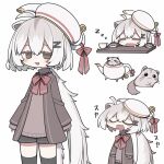  1girl :3 alice_in_wonderland animal animal_ears black_shorts black_thighhighs blush_stickers bow bowtie brown_eyes brown_jacket brown_sweater chibi closed_eyes creature_and_personification cup dormouse_(alice_in_wonderland) drooling grey_hair hair_ornament head_on_table in_container jacket kisaragi_kaya letter_hair_ornament long_hair looking_at_viewer multiple_views no_pupils object_on_head open_clothes open_jacket open_mouth original red_bow red_bowtie red_ribbon ribbon saucer short_shorts shorts simple_background sleeping sleeping_upright sleeves_past_wrists smile solo standing sweater tail teacup teapot thighhighs unkempt very_long_hair white_background zzz 