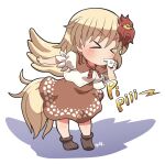  &gt;_&lt; 1girl animal_on_head bird bird_tail bird_wings blonde_hair blowing_whistle blush boots breasts brown_dress chibi chick closed_eyes dress long_hair medium_breasts multicolored_hair niwatari_kutaka on_head pigeon-toed rokugou_daisuke shadow short_hair simple_background solo tail touhou two-tone_hair white_background wings 