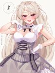  1girl armpit_cutout blush breasts brown_eyes cleavage cleavage_cutout clothing_cutout conte_di_cavour_(kancolle) conte_di_cavour_nuovo_(kancolle) corset dress frilled_dress frills gloves grey_dress grey_hair highres kantai_collection kozu_(bloomme1_me) large_breasts layered_dress long_hair musical_note open_mouth simple_background solo two-tone_dress two_side_up white_background white_dress white_gloves 