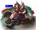 1boy 1girl aerith_gainsborough armor baggy_pants bangle blonde_hair blue_eyes blue_pants blue_shirt boots bracelet braid braided_ponytail breasts brown_footwear brown_gloves brown_hair buster_sword buttons center_opening character_name choker cleavage cloud_strife couple cropped_jacket dialogue_box dress final_fantasy final_fantasy_vii full_body gloves green_eyes hair_ribbon hetero highres jacket jewelry long_dress long_hair looking_at_another maze_draws medium_breasts muscular muscular_male pants parted_bangs parted_lips pink_dress pink_ribbon playground puffy_short_sleeves puffy_sleeves red_jacket ribbon ribbon_choker shirt short_hair short_sleeves shoulder_armor sidelocks single_bare_shoulder single_braid sitting sleeveless sleeveless_turtleneck smile spiked_hair suspenders turtleneck twitter_username wavy_hair weapon weapon_on_back 