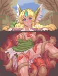  1girl :o blonde_hair blush breasts commentary_request forehead_jewel forest helmet highres large_breasts legs long_hair looking_at_viewer nature nipples outdoors parted_lips purple_eyes pussy riesz seiken_densetsu seiken_densetsu_3 solo sweat tenako_(mugu77) tentacles tree uncensored winged_helmet 