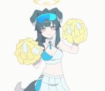  1girl animal_ears animated animated_gif bare_shoulders black_hair blue_archive blue_eyes blush breasts cheering cheerleader closed_mouth dog_ears dog_girl dog_tail eyewear_on_head ggaebchun goggles goggles_on_head halo hibiki_(blue_archive) hibiki_(cheer_squad)_(blue_archive) highres holding long_hair looking_at_viewer looping_animation medium_breasts midriff millennium_cheerleader_outfit_(blue_archive) navel official_alternate_costume pom_pom_(cheerleading) simple_background skirt smile solo standing stomach tail white_background 