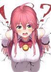  ! 1girl ? absurdres ahoge bell blush breasts detached_sleeves green_eyes hair_between_eyes hair_ornament hairclip hanging_breasts highres hololive large_breasts long_hair looking_at_viewer open_mouth red_hair sakura_miko shirt solo starkamisan sweatdrop through_wall virtual_youtuber wavy_mouth white_shirt 