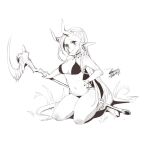  1girl breasts character_request closed_mouth dated earrings ejami full_body greyscale horns jewelry league_of_legends long_hair monochrome nail_polish navel pointy_ears signature simple_background smile solo staff swimsuit white_background 