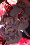  1girl :d ascot blurry commentary depth_of_field full_moon highres looking_at_viewer mepr_honey moon open_mouth purple_hair red_ascot red_eyes red_moon remilia_scarlet shirt short_hair skirt smile solo touhou upside-down white_shirt white_skirt wrist_cuffs 